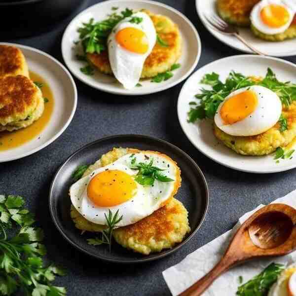 Котлеты картофельные с копчeной рыбой и яйцамипашот